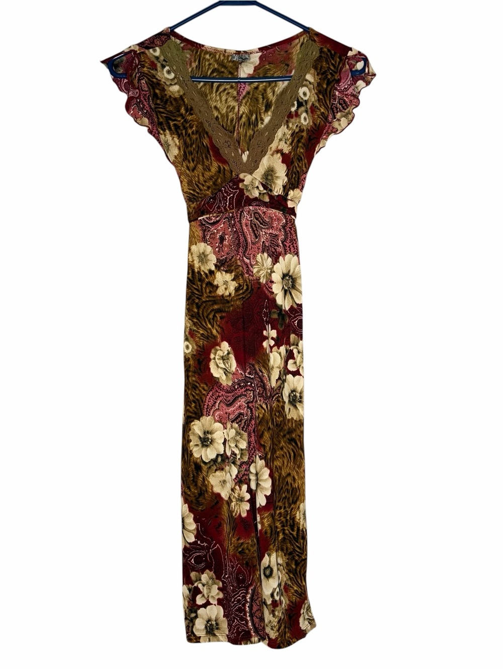 Y2k Janette Floral Animal Print Midi Dress Tie Back Lace Trim Women’s S/M